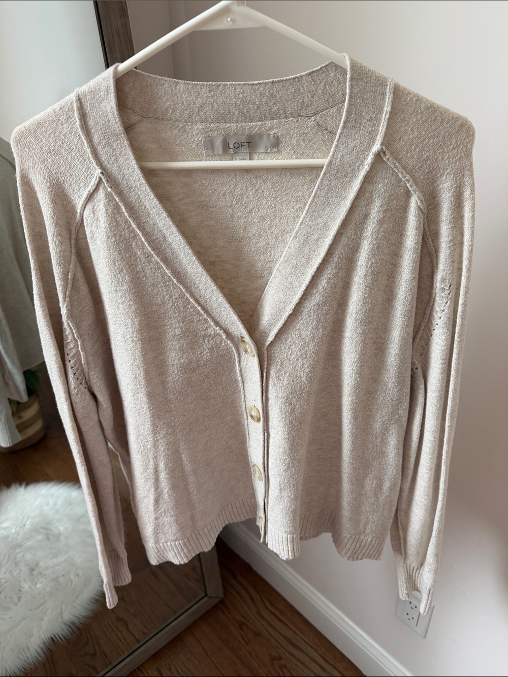 LOFT Light Beige V‑Neck Button Front Cardigan